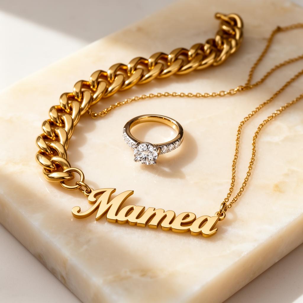 Gold cuban chain, ring and name plate